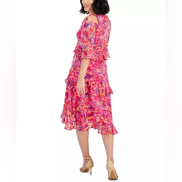 Tahari ASL Pink Printed Cold-Shoulder Asymmetric-Ruffle Dress NWT - Picture 2 of 16